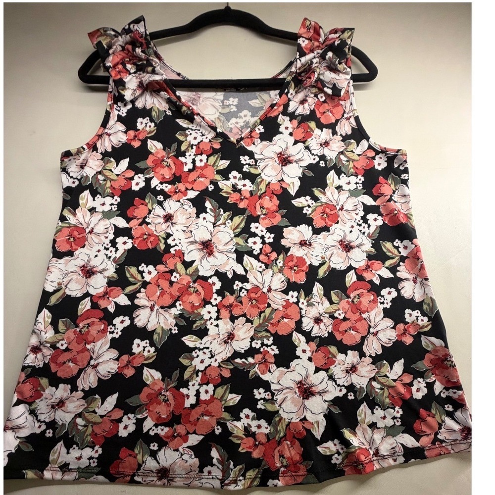 Perception Concept Floral Ruffle Shoulder V-Neck Tank Top Black Coral Large
